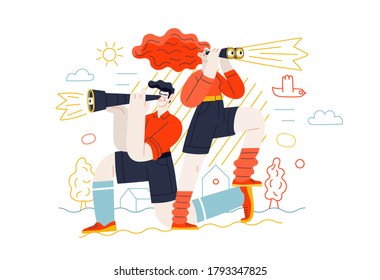 Business topics - development, research. Flat style modern outlined vector concept illustration. Young man looking through the telescope and a woman with binoculars. Business metaphor.