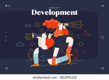 Business topics - development, research, web template. Flat style modern outlined vector concept illustration. Young man looking through the telescope and a woman with binoculars. Business metaphor.