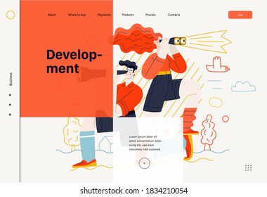 Business topics - development, research, web template. Flat style modern outlined vector concept illustration. Young man looking through the telescope and a woman with binoculars. Business metaphor.