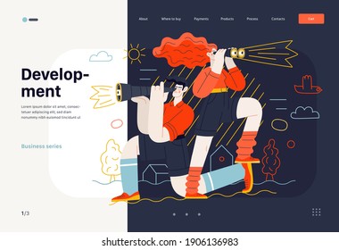 Business topics - development, research, web template. Flat style modern outlined vector concept illustration. Young man looking through the telescope and a woman with binoculars. Business metaphor.