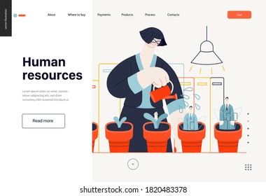 Business topics - human resources, web template, header. Flat style modern outlined vector concept illustration. HR manager, watering flower pots with growing managers in them. Business metaphor.