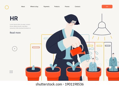 Business topics - human resources, web template, header. Flat style modern outlined vector concept illustration. HR manager, watering soft pots with growing managers in them. Business metaphor.