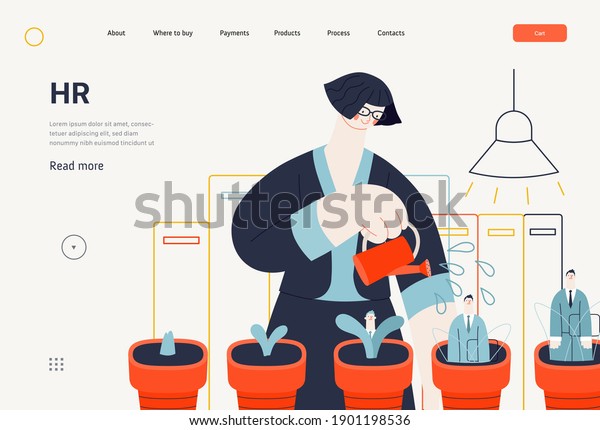 Business topics - human resources, web\
template, header. Flat style modern outlined vector concept\
illustration. HR manager, watering soft pots with growing managers\
in them. Business\
metaphor.