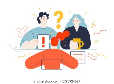 Business topics -meeting. Flat style modern outlined vector concept illustration. People sitting at the office desk discussing a project. Tablet, question and exclamation marks, FAQ Business metaphor.