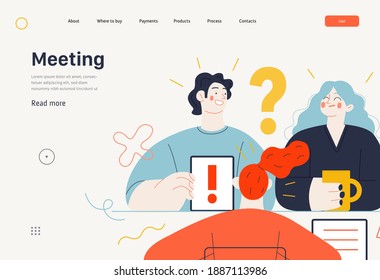 Business topics -meeting, web template, header. Flat style modern outlined vector concept illustration. People discussing a project. Tablet, question and exclamation marks, FAQ. Business metaphor