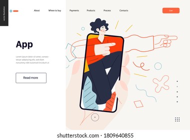 Temas de negocio: aplicación móvil, plantilla web, encabezado. Ilustración de concepto de vector con un diseño plano. Una mano sostiene un smartphone con un joven, apuntando hacia la dirección. Metáfora comercial
