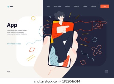 Temas de negocio: aplicación móvil, plantilla web, encabezado. Ilustración de concepto de vector con un diseño plano. Una mano sostiene un smartphone con un joven, apuntando hacia la dirección. Metáfora comercial