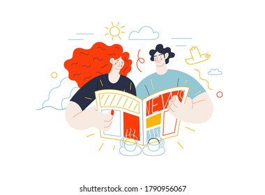 Business topics - news. Flat style modern outlined vector concept illustration. A couple, man and woman reading a newspaper together. Business metaphor.