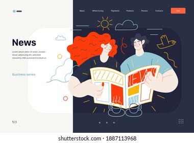 Business topics - news, web template, header. Flat style modern outlined vector concept illustration. A couple, man and woman reading a newspaper together. Business metaphor.