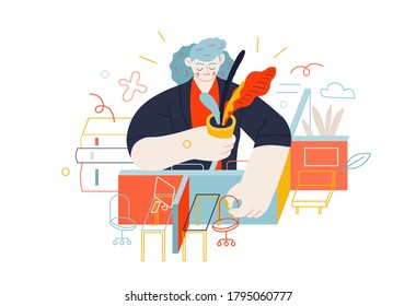 Business topics - office management. Flat style modern outlined vector concept illustration. Young woman, office manager, arranging office furniture, plants and computers. Business metaphor.