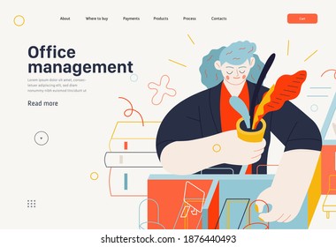 Business topics - office management, web header. Flat style modern outlined vector concept illustration. A woman, office manager, arranging office furniture, plants and computers. Business metaphor.