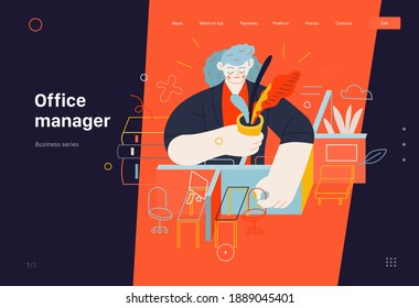 Business topics - office management, web header. Flat style modern outlined vector concept illustration. A woman, office manager, arranging office furniture, plants and computers. Business metaphor.