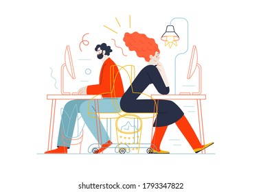 Business topics - office work. Flat style modern outlined vector concept illustration. Man and woman sitting and working at office desks with desktop computers. Business metaphor.