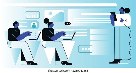 Business topics, office work. Flat style modern vector concept illustration. Man and woman sitting and working at the office desks with desktop computers. Business metaphor.