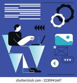 Temas de negocios, trabajo de oficina. Ilustración de concepto vectorial moderna de estilo plano. Hombre sentado y trabajando en los escritorios con computadoras de escritorio. Metáfora comercial.