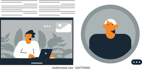Business topics, office work. Flat style modern vector concept illustration. Man sitting and working at the office desks with desktop computers. Business metaphor.