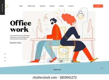 Temas de negocios - trabajo de oficina, plantilla web. Ilustración de concepto de vector con un diseño plano. Hombre y mujer sentados y trabajando en los escritorios con computadoras de escritorio. Metáfora comercial.