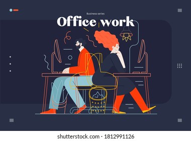 Business topics - office work, web template. Flat style modern outlined vector concept illustration. Man and woman sitting and working at the office desks with desktop computers. Business metaphor.