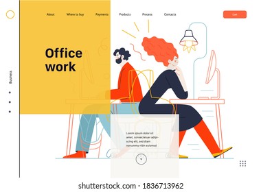 Temas de negocios - trabajo de oficina, plantilla web. Ilustración de concepto de vector con un diseño plano. Hombre y mujer sentados y trabajando en los escritorios con computadoras de escritorio. Metáfora comercial.