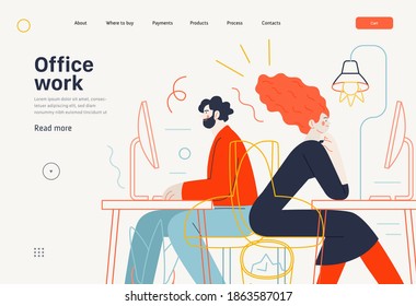 Business topics - office work, web template. Flat style modern outlined vector concept illustration. Man and woman sitting and working at the office desks with desktop computers. Business metaphor.