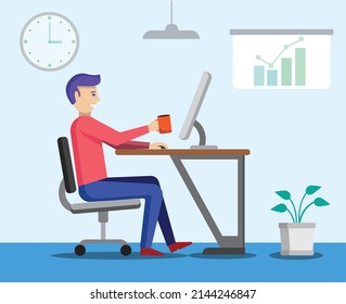 Business topics - office work, web template. Flat style modern outlined vector concept illustration. Man sitting and working at the office desk with desk computer. Business metaphor