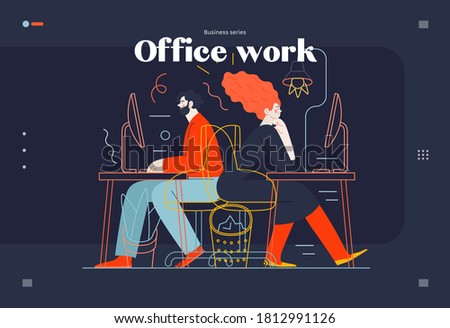 Business topics - office work, web template. Flat style modern outlined vector concept illustration. Man and woman sitting and working at the office desks with desktop computers. Business metaphor.