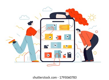 Business topics - online shopping. Flat style modern outlined vector concept illustration. Tablet with a shop shelves and boxes on them, and people taking and looking at the goods. Business metaphor.