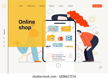 Business topics -online shopping, web template, header. Flat style modern outlined vector concept illustration. Tablet, shop shelves, boxes. People taking and looking at the goods. Business metaphor