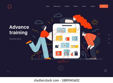 Business topics -online shopping, web template, header. Flat style modern outlined vector concept illustration. Tablet, shop shelves, boxes. People taking and looking at the goods. Business metaphor