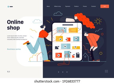 Business topics -online shopping, web template, header. Flat style modern outlined vector concept illustration. Tablet, shop shelves, boxes. People taking and looking at the goods. Business metaphor