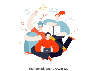 Business topics - our team. Flat style modern outlined vector concept illustration. A group of people, crew, team, posing together. Business metaphor.