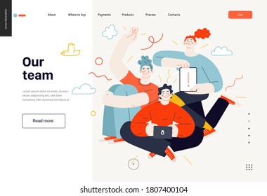 Business topics - our team, web template. Flat style modern outlined vector concept illustration. A group of people, crew, team, posing together. Business metaphor.