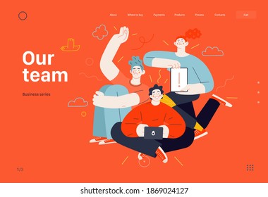 Business topics - our team, web template. Flat style modern outlined vector concept illustration. A group of people, crew, team, posing together. Business metaphor.