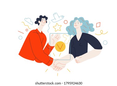Business topics - partnership. Flat style modern outlined vector concept illustration. Young man and woman shaking their hands confirming the agreement, contract or partnership. Business metaphor.