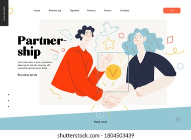 Business topics -partnership, web template header. Flat style modern outlined vector concept illustration. Partners shaking their hands confirming agreement, contract or partnership. Business metaphor