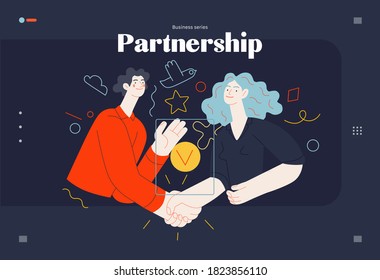 Business topics -partnership, web template header. Flat style modern outlined vector concept illustration. Partners shaking their hands confirming agreement, contract or partnership. Business metaphor