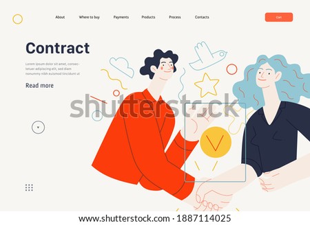 Business topics -partnership, web template header. Flat style modern outlined vector concept illustration. Partners shaking their hands confirming agreement, contract or partnership. Business metaphor