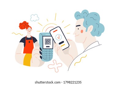 Business topics - payment. Flat style modern outlined vector concept illustration. A waitress holding a pos-terminal. A male customer paying with his phone, scanning QR code. Business metaphor.