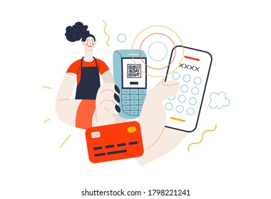 Business topics - payment. Flat style modern outlined vector concept illustration. A waitress holding a pos-terminal. A customer paying with his or her phone, entering a pin code. Business metaphor.