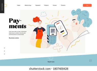 Business topics -payment, web template, header. Flat style modern outlined vector concept illustration. Waitress holding pos-terminal. A customer paying with phone, scanning QR code. Business metaphor
