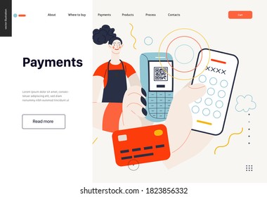 Business topics - payment, web template, header. Flat style modern outlined vector concept illustration. A waitress holding a pos-terminal. A customer paying with pin code on phone. Business metaphor.