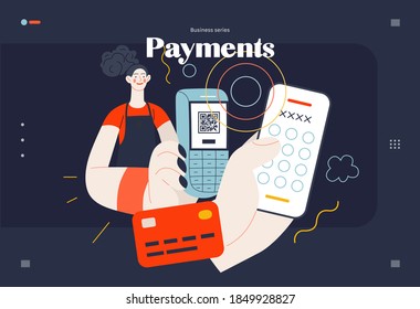 Business topics - payment, web template, header. Flat style modern outlined vector concept illustration. A waitress holding a pos-terminal. A customer paying with pin code on phone. Business metaphor.