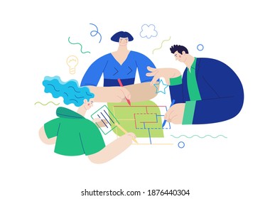 Business topics - project collaboration. Flat style modern outlined vector concept illustration. A group of people working on the project drawing it together. Business metaphor.
