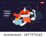 Business topics - project collaboration, web template. Flat style modern outlined vector concept illustration. A group of people working on the project drawing it together. Business metaphor.
