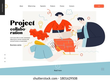 Business topics - project collaboration, web template. Flat style modern outlined vector concept illustration. A group of people working on the project drawing it together. Business metaphor.