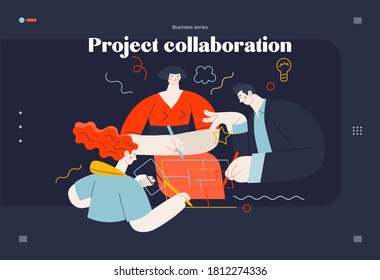 Business topics - project collaboration, web template. Flat style modern outlined vector concept illustration. A group of people working on the project drawing it together. Business metaphor.