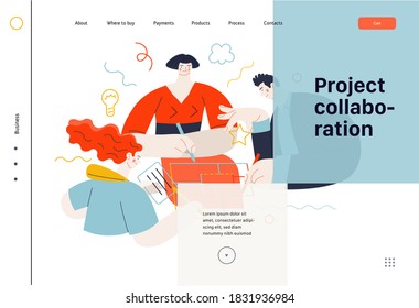 Business topics - project collaboration, web template. Flat style modern outlined vector concept illustration. A group of people working on the project drawing it together. Business metaphor.