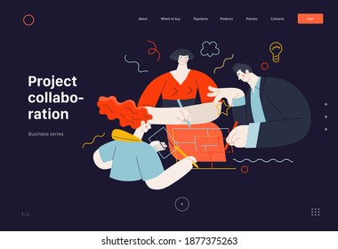 Business topics - project collaboration, web template. Flat style modern outlined vector concept illustration. A group of people working on the project drawing it together. Business metaphor.