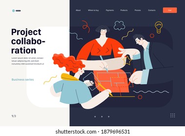 Business topics - project collaboration, web template. Flat style modern outlined vector concept illustration. A group of people working on the project drawing it together. Business metaphor.