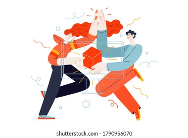 Business topics - project communication. Flat style modern outlined vector concept illustration. A young man and woman giving five, holding a box together. Business metaphor.